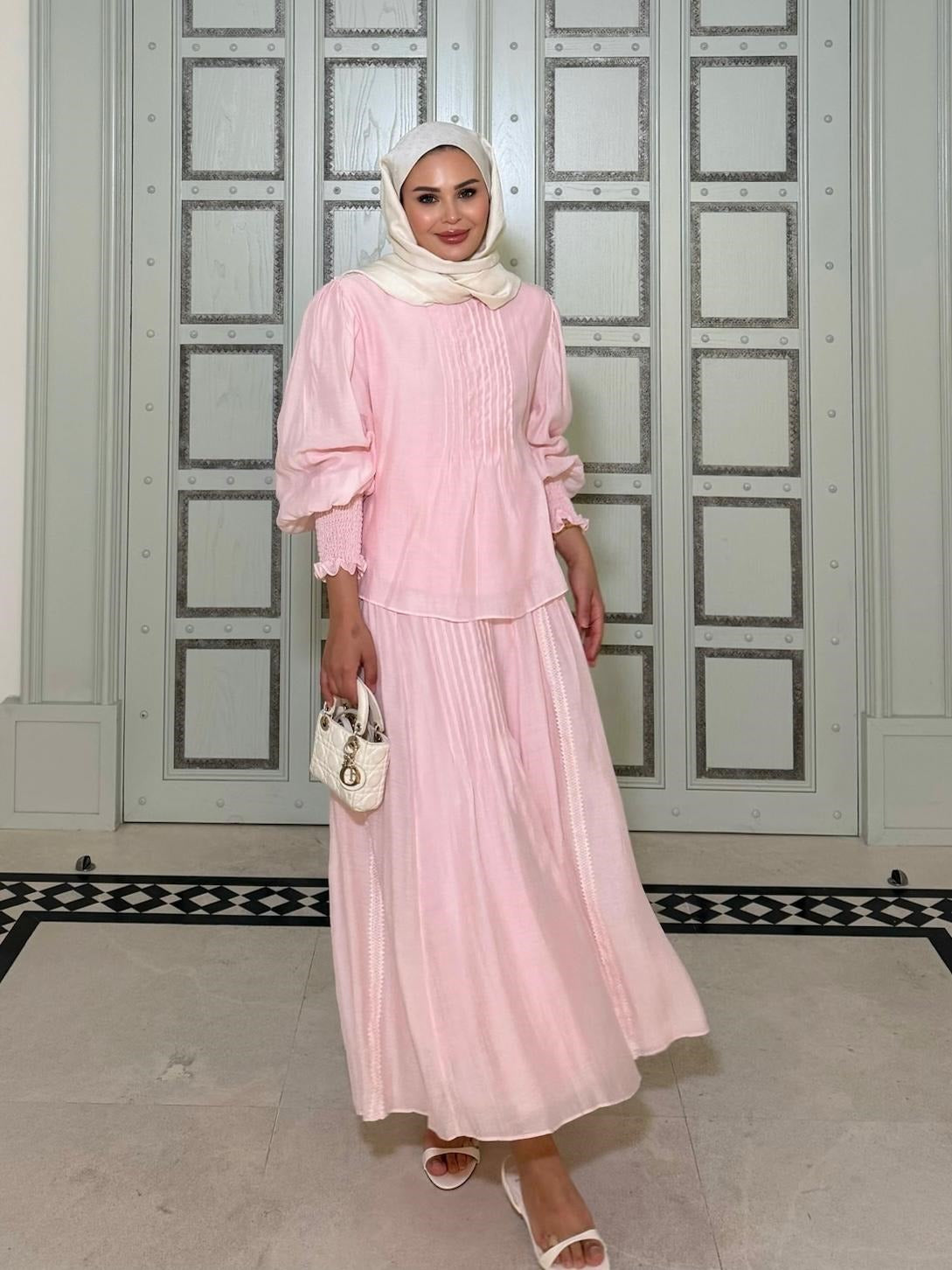 Sade Blush Pink Pleated Skirt Set with Balloon Sleeves