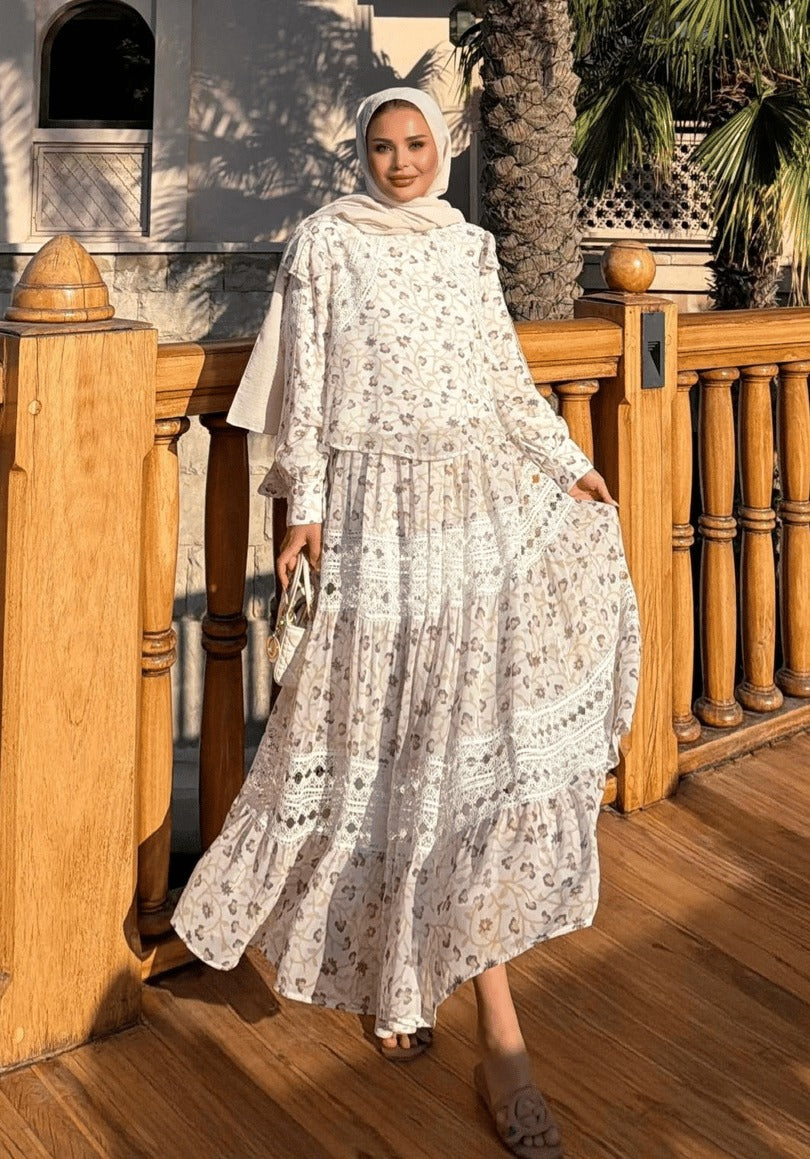 Floral Print Lace-Trim Tiered Maxi Co-ord Set - Ecrou