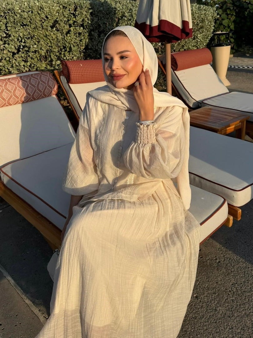 Button-Front Lace-Trim Blouse & Maxi Skirt Co-ord Set - Beige