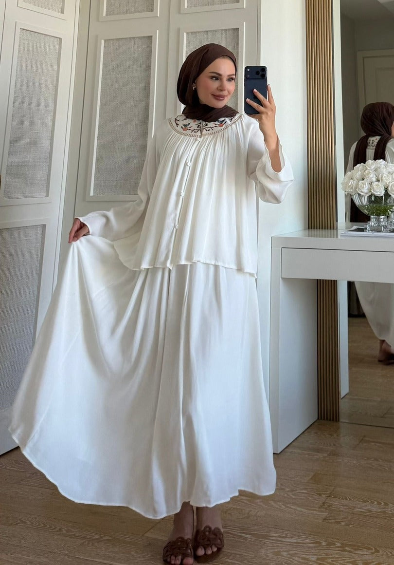 Ecru Intricate Embroidered Slub Linen Skirt & Blouse Co-ord Set