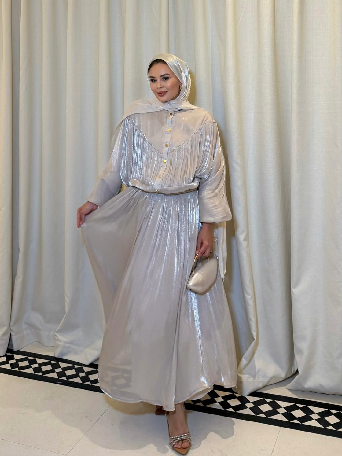 Shimmer Metallic Gathered Top & Flared Maxi Skirt Evening Co-ord Set - Beige