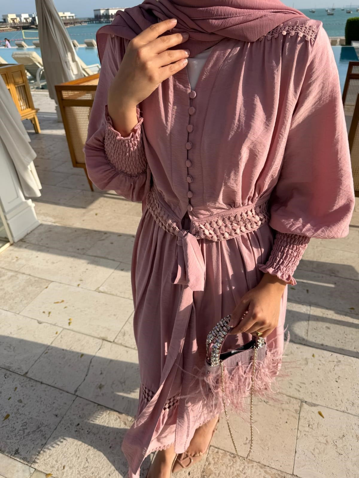 Tiered Boho Lace Trim Co-ord Set with Crochet Waist Belt - Pink Rose