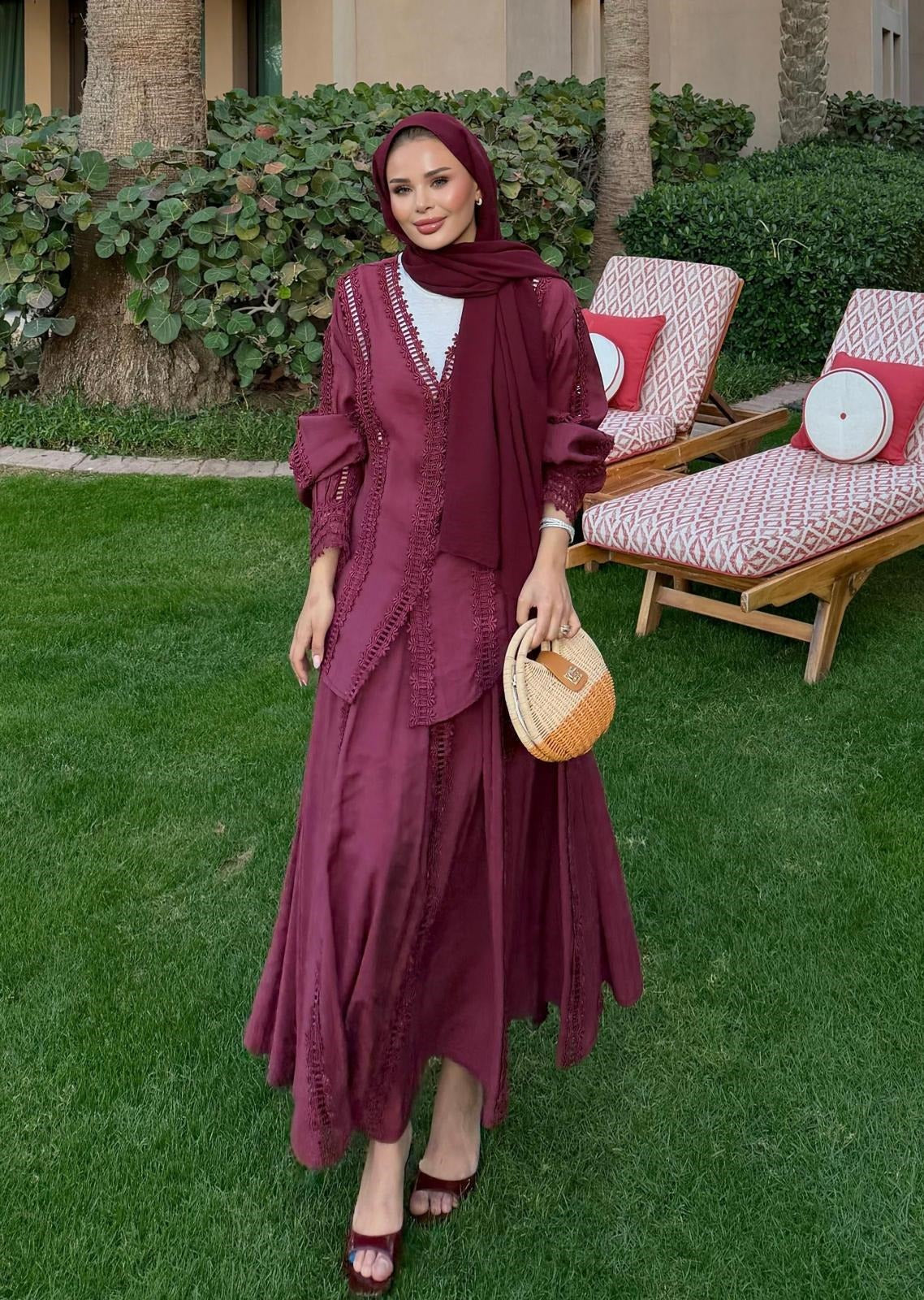 Dantel Broderie Skirt Set – Burgundy