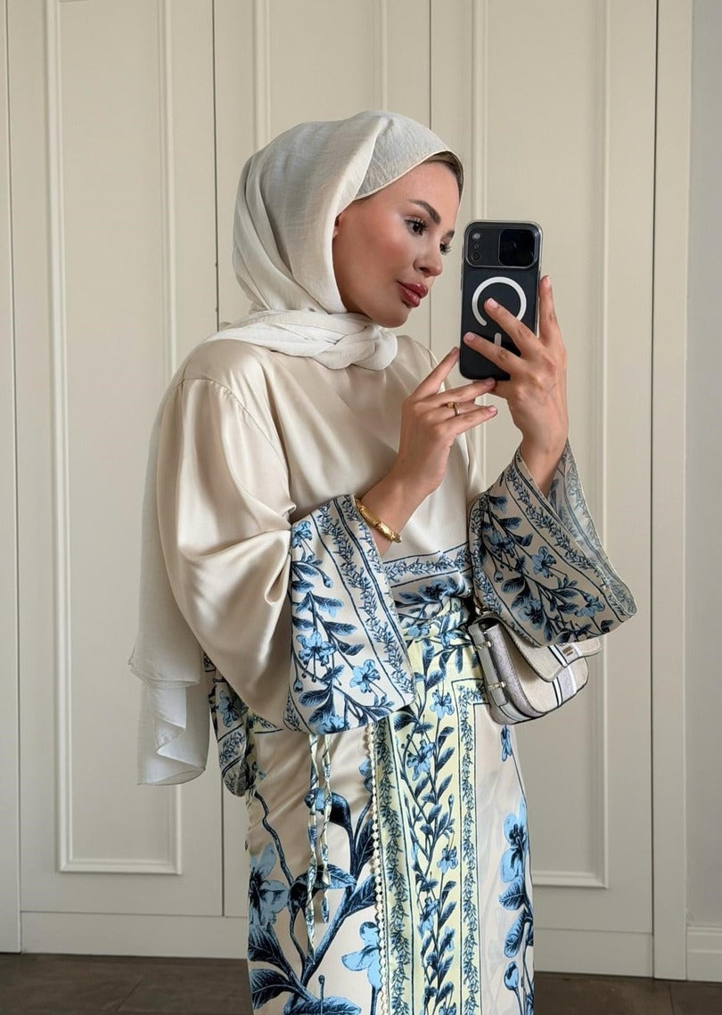 Blue Botanical Scarf Print Modest Satin Skirt Co-Ord Set