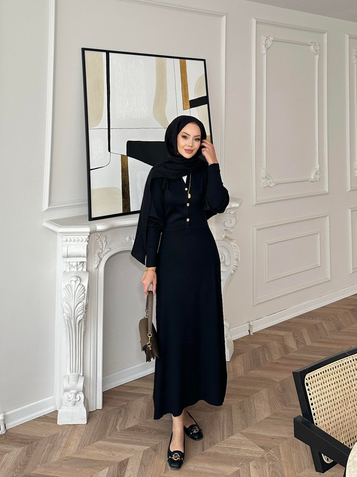 Knit Dress – Black with Gold Buttons