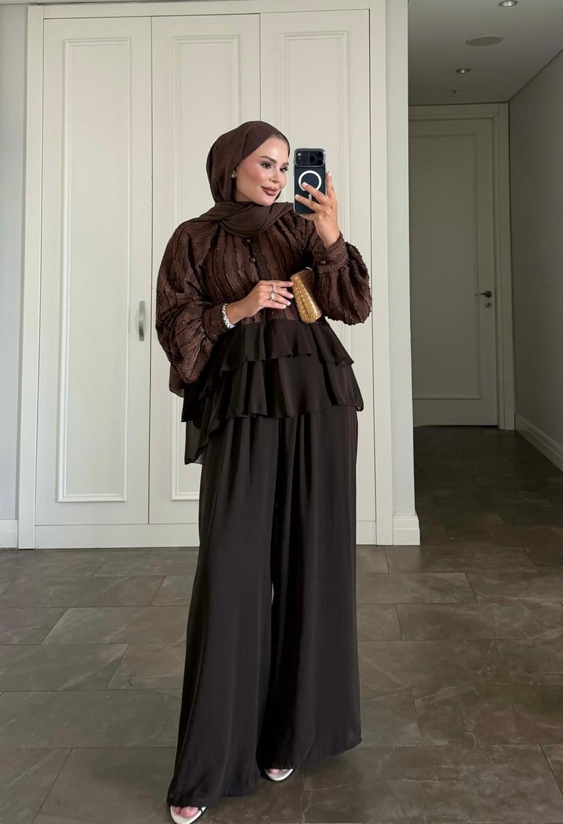 Furla Brown Modest Pant Set - Lined Two Piece High Low Outfit