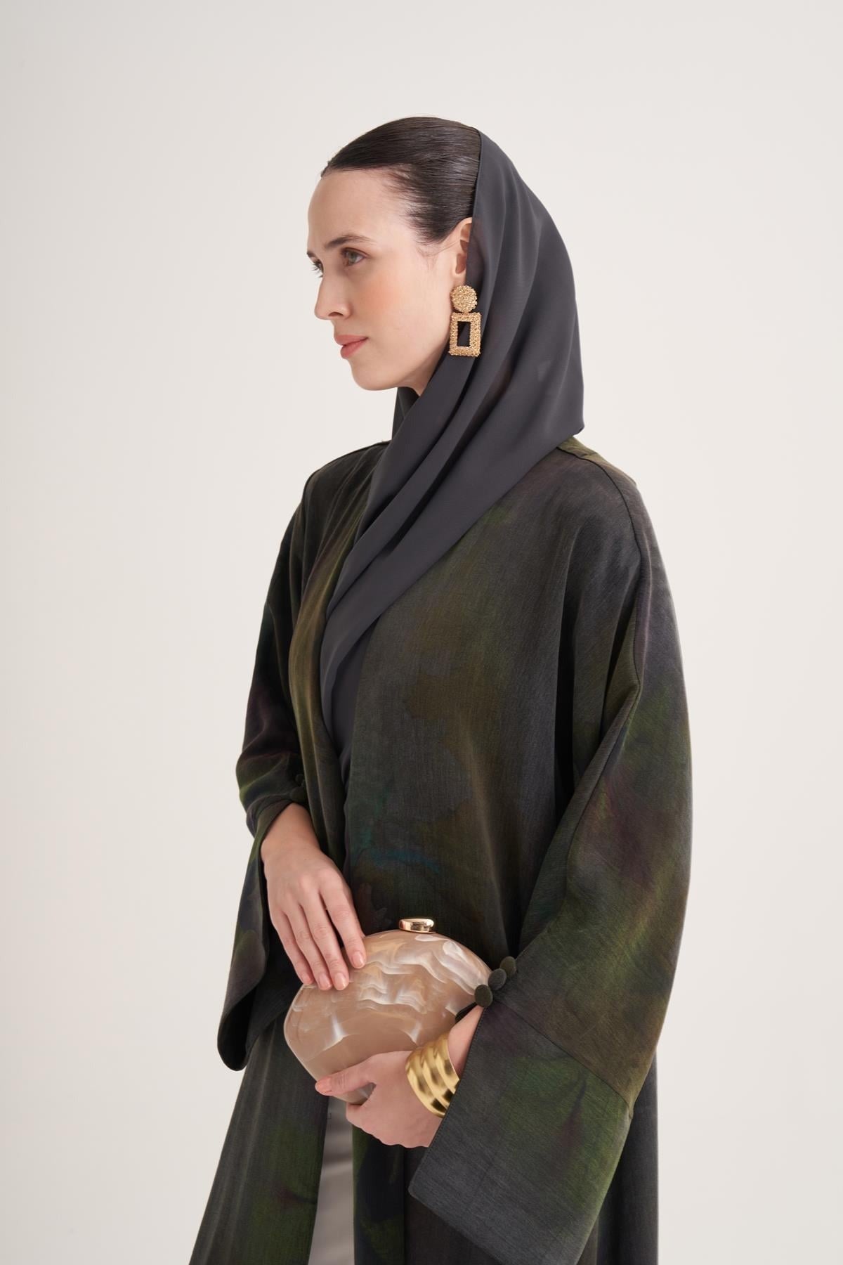 Cupro Modal Open Abaya with Iridescent Green Print & Matching Scarf