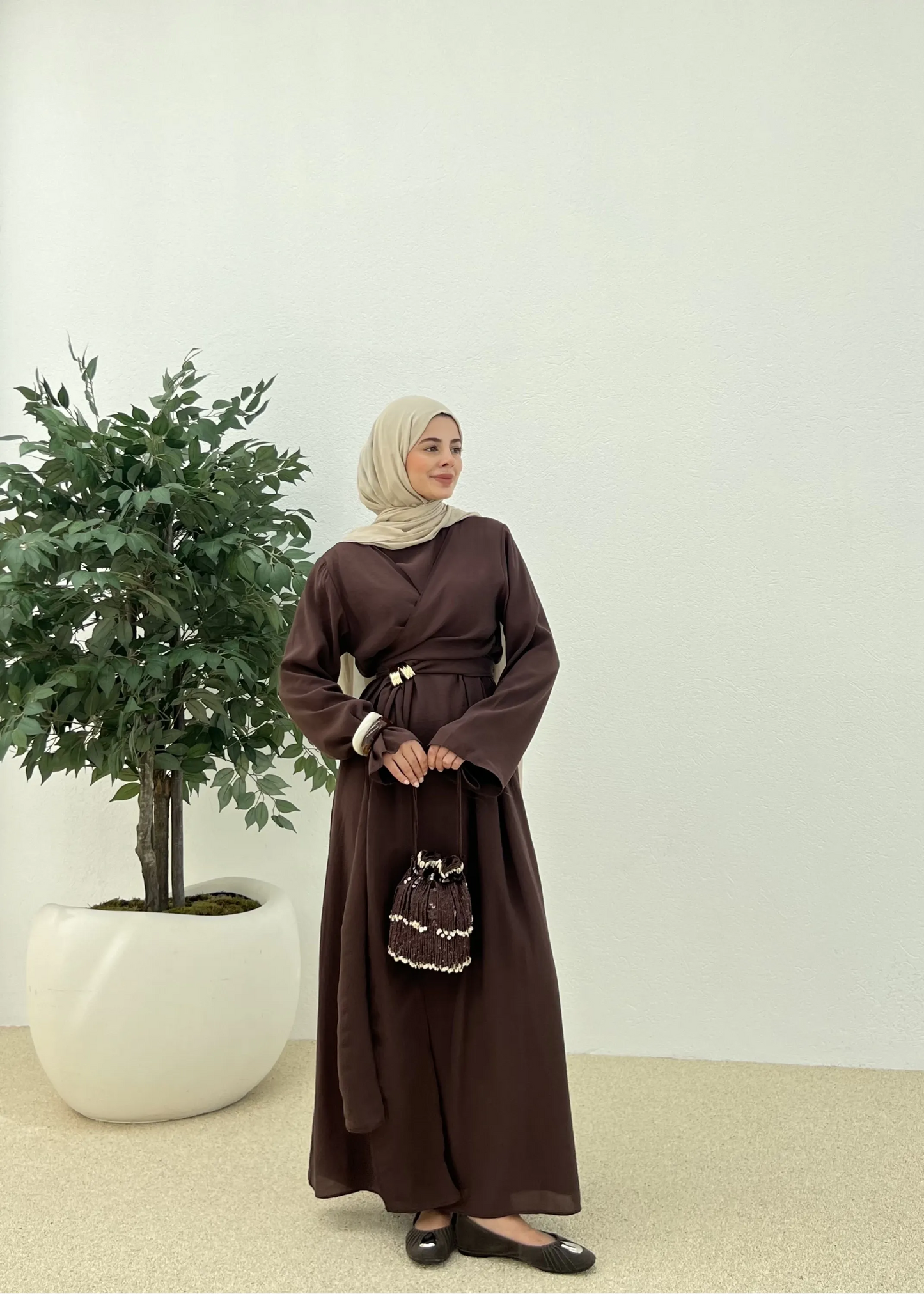 Brown Tencel Dress with Buckle Detail
