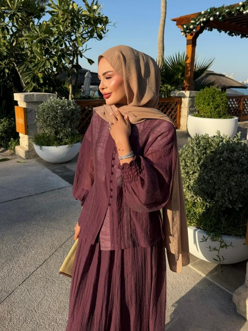 Button-Front Lace-Trim Blouse & Maxi Skirt Co-ord Set - Burgundy