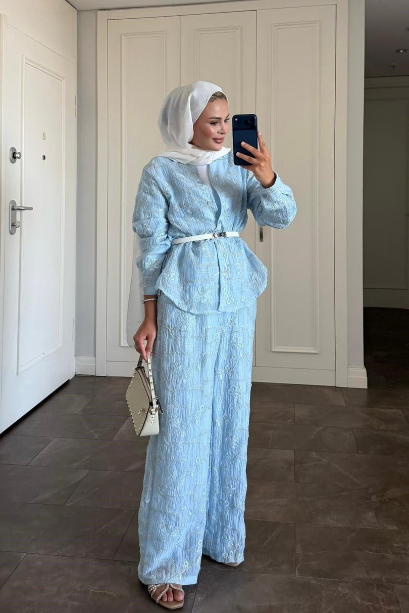 Lilly Modest Trousers Matching Set | Premium Tunic Co-Ord Suit - Blue