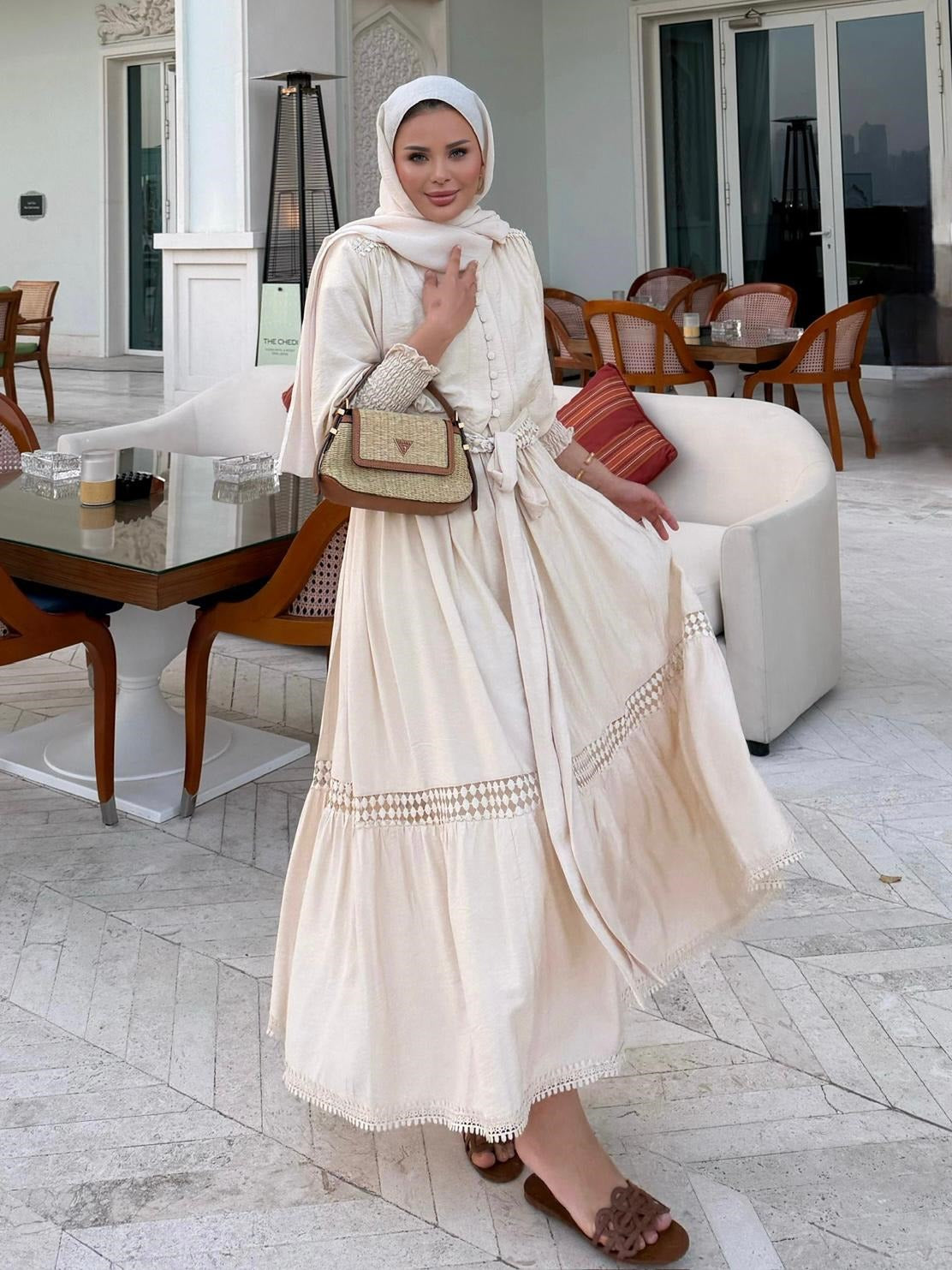 Tiered Boho Lace Trim Co-ord Set with Crochet Waist Belt - Beige