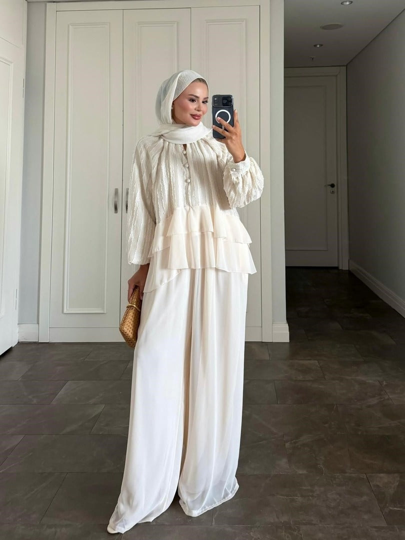 Furla Cream Modest Pant Set - Lined Two Piece High Low Outfit