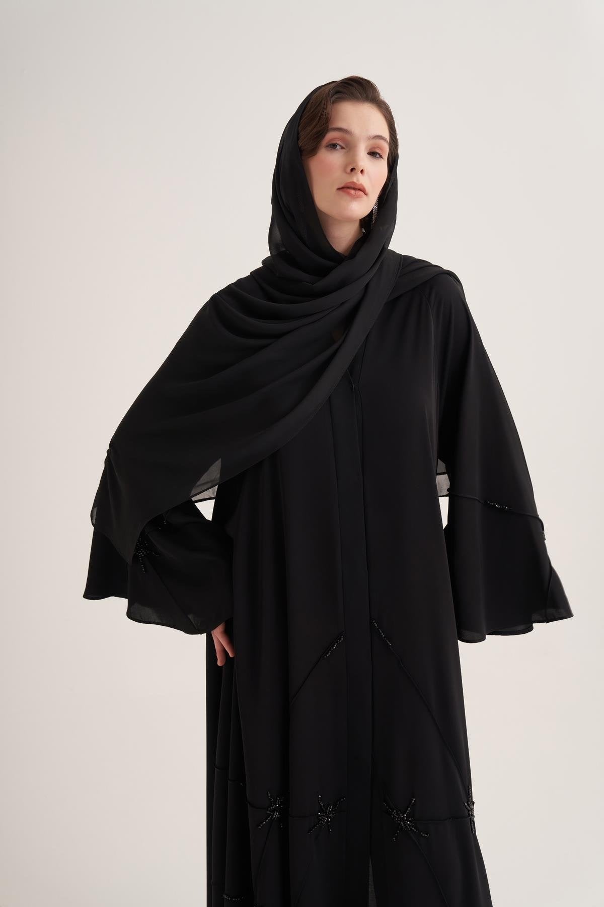 Classic Stone Embellished Black Abaya with Matching Scarf