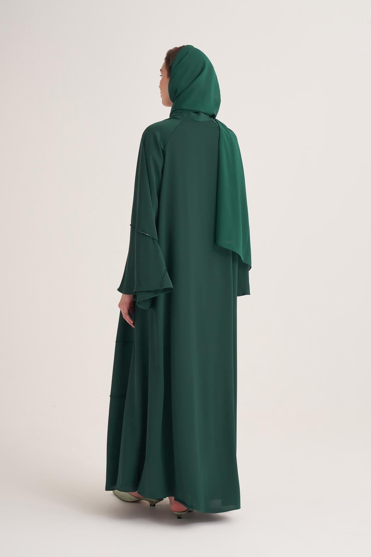 Classic Stone Embellished Green Abaya with Matching Scarf