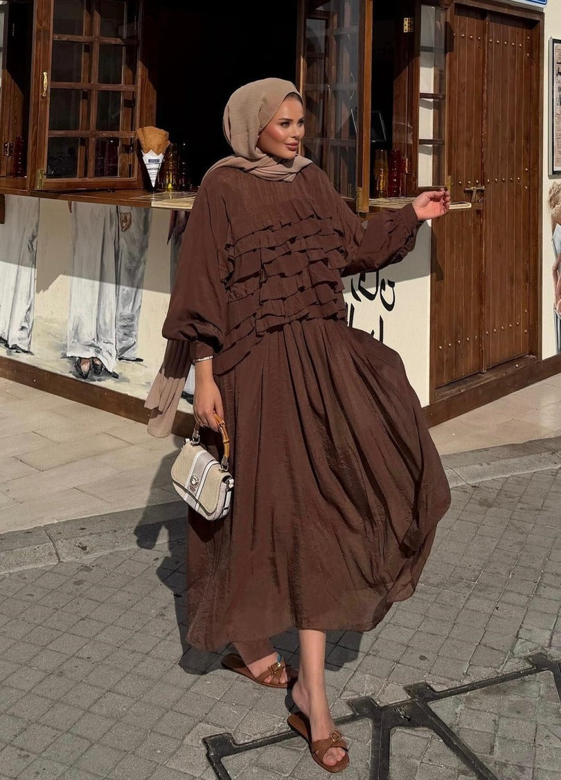 Tiered Ruffle Blouse & Pleated Maxi Skirt Co-ord Set - Brown