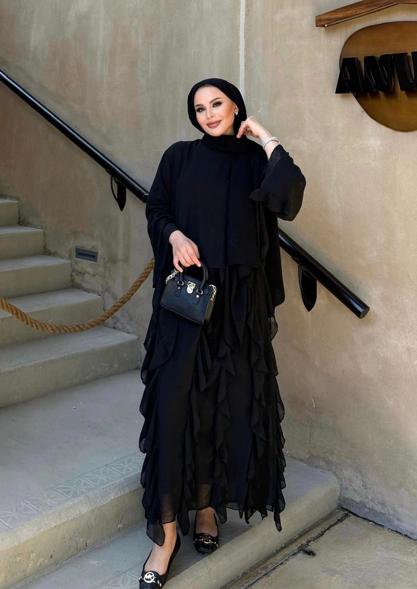 Black Ruffle-Detail Chiffon Blouse and Skirt Set- PRE ORDER