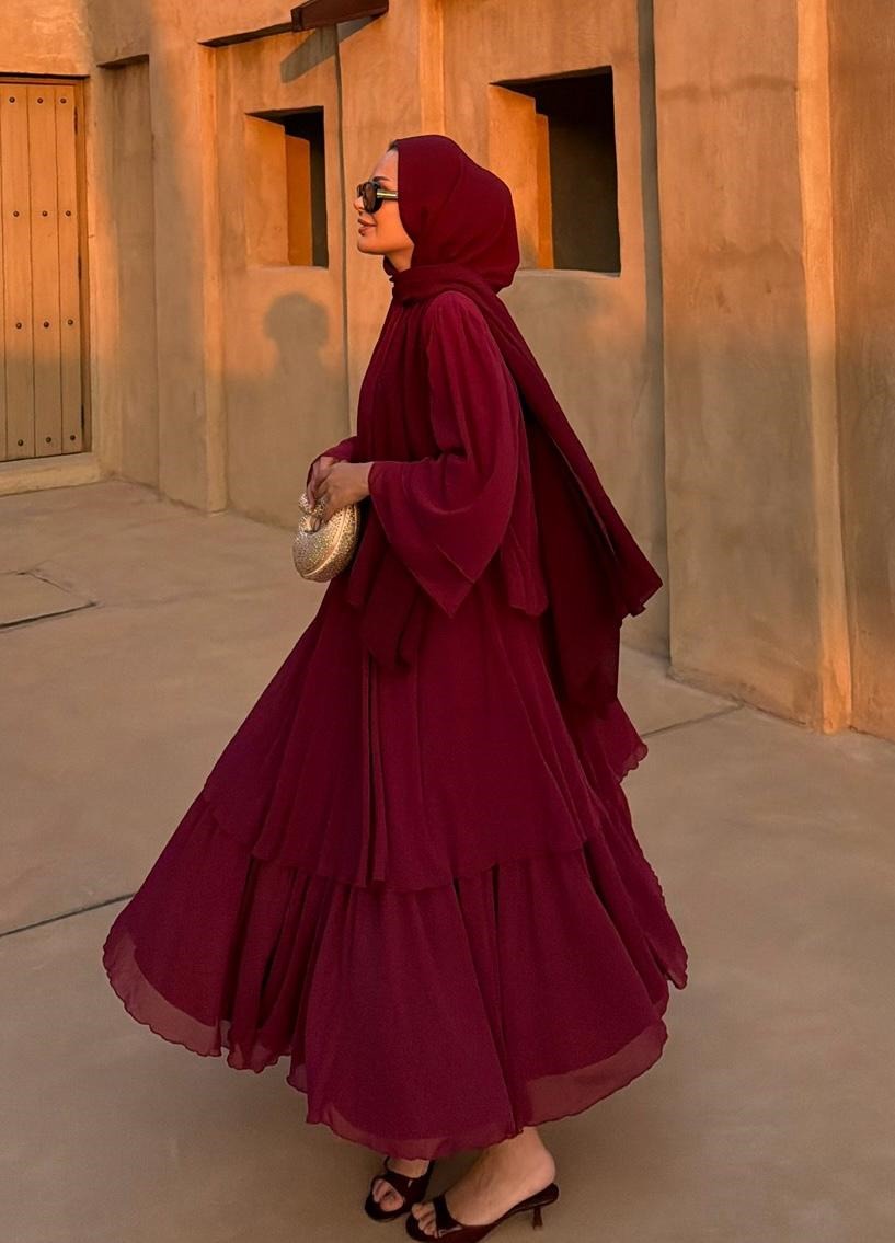 Layered Cape Chiffon Co-ord Set with Tiered Ruffle Skirt - Burgundy