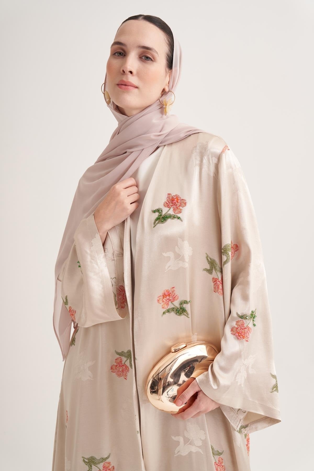 Beige Hand-Embroidered Satin Viscose Floral Open Abaya with Crystal Details & Matching Scarf