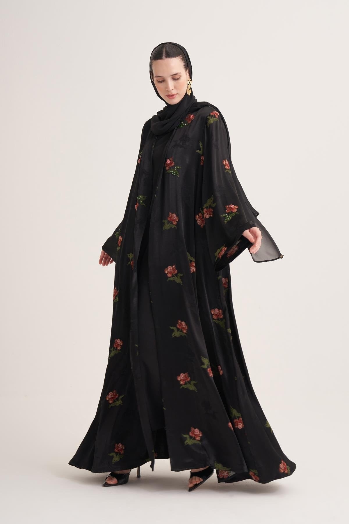 Black Hand-Embroidered Satin Viscose Floral Open Abaya with Crystal Details & Matching Scarf