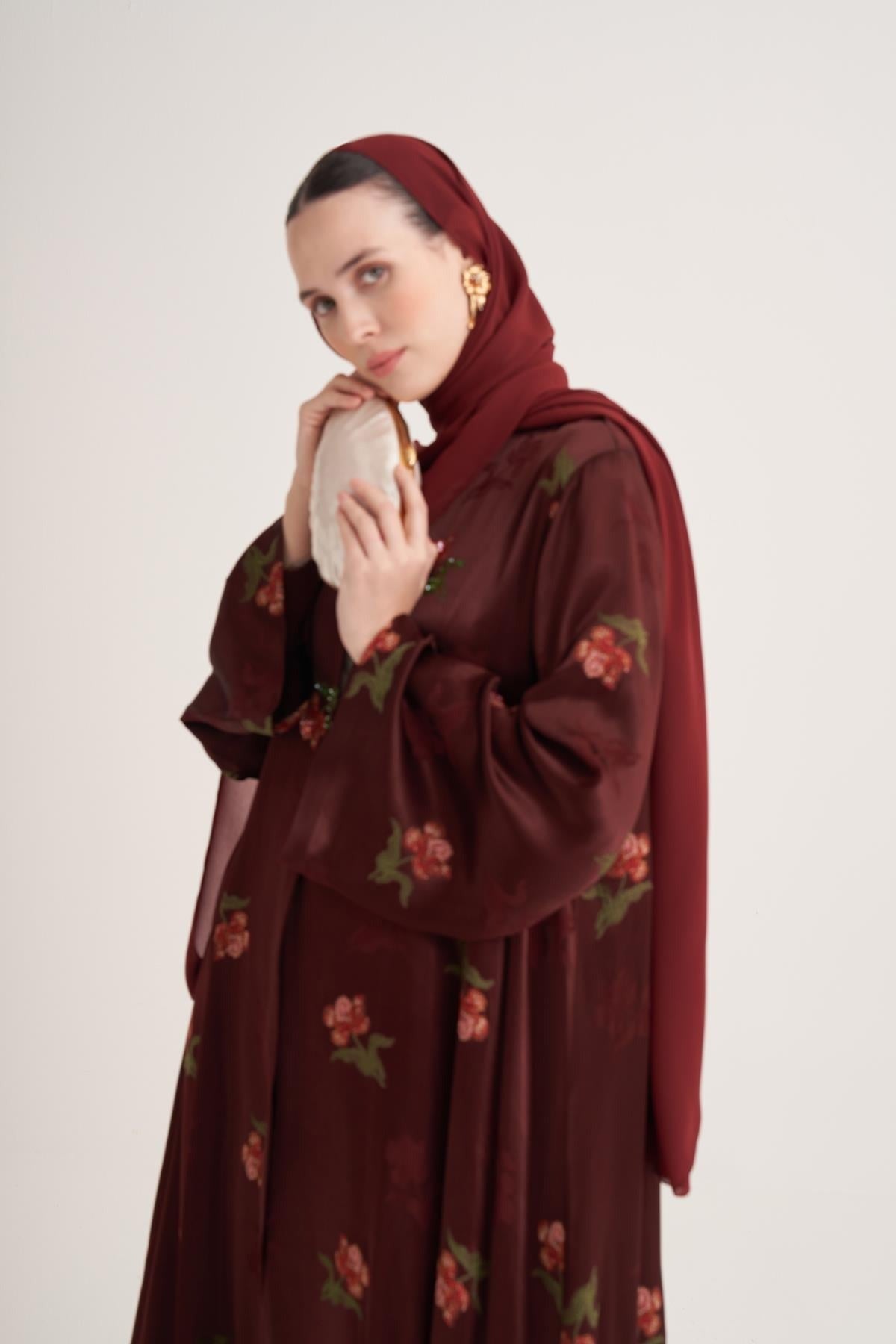 Burgundy Hand-Embroidered Satin Viscose Floral Open Abaya with Crystal Details & Matching Scarf