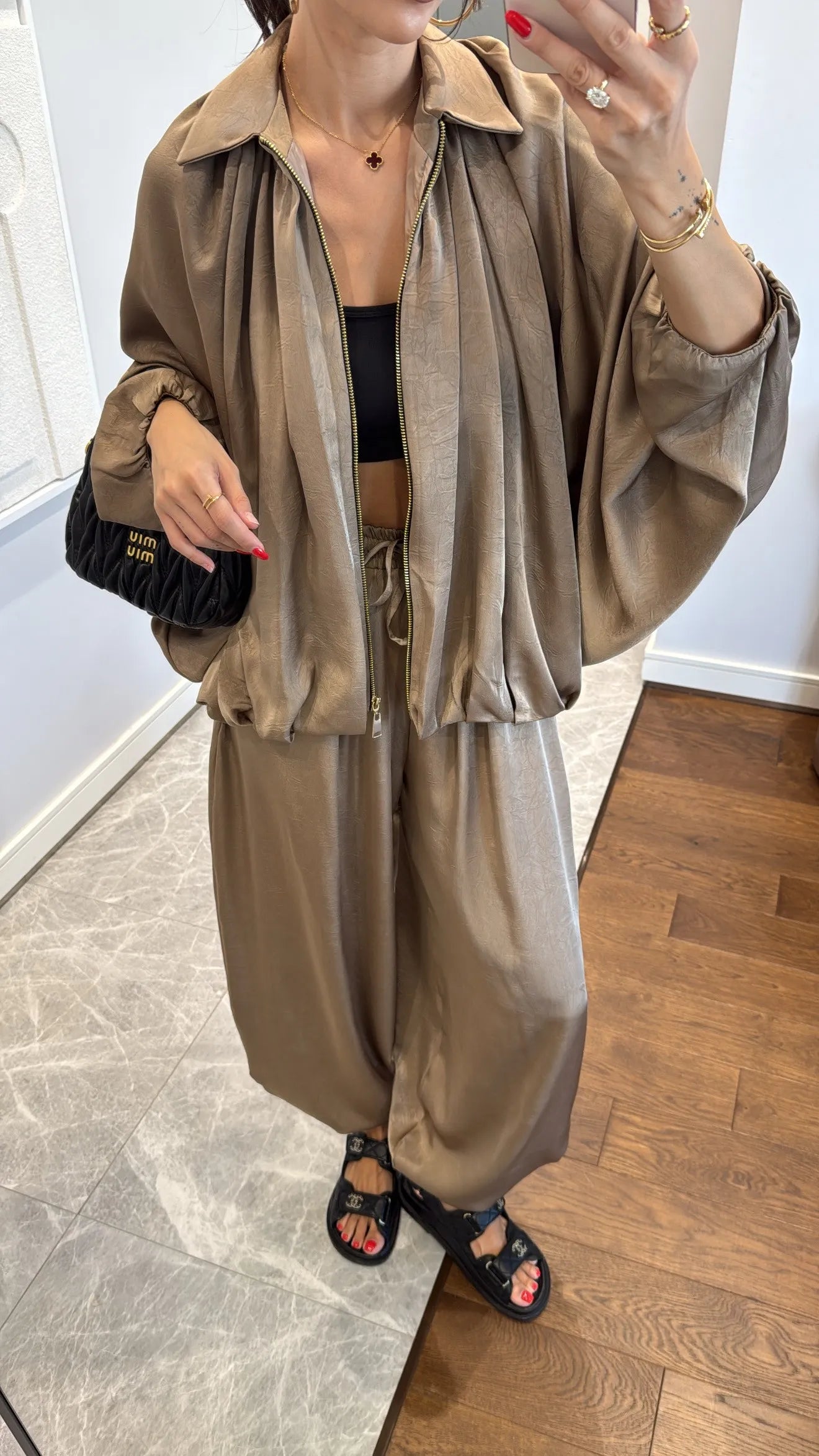 Mink Satin Bomber Jacket and Harem Pants Set