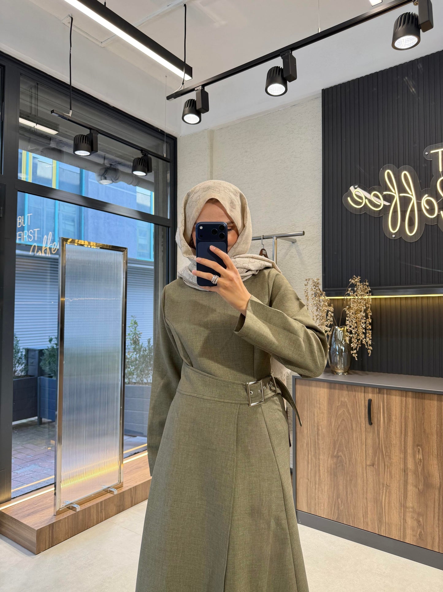 Asymmetric Khaki Maxi Dress with Adjustable Waist Belt