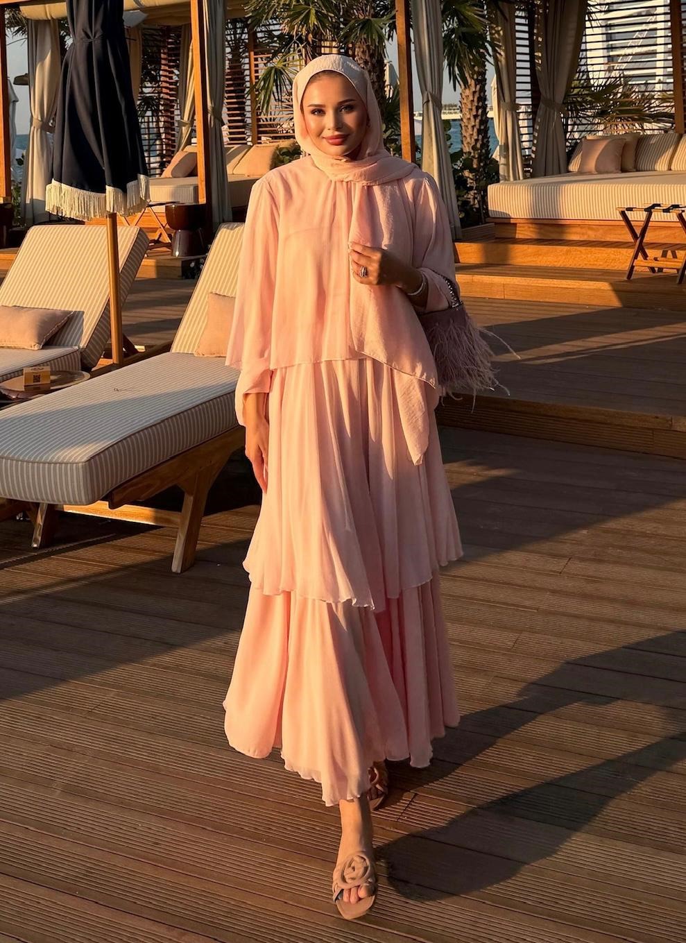 Layered Cape Chiffon Co-ord Set with Tiered Ruffle Skirt - Pink