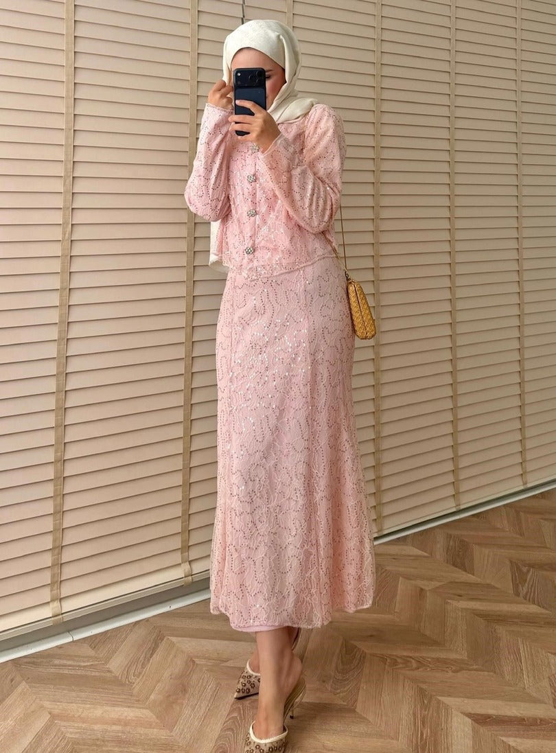 Lace Shimmer Skirt Set – Pink