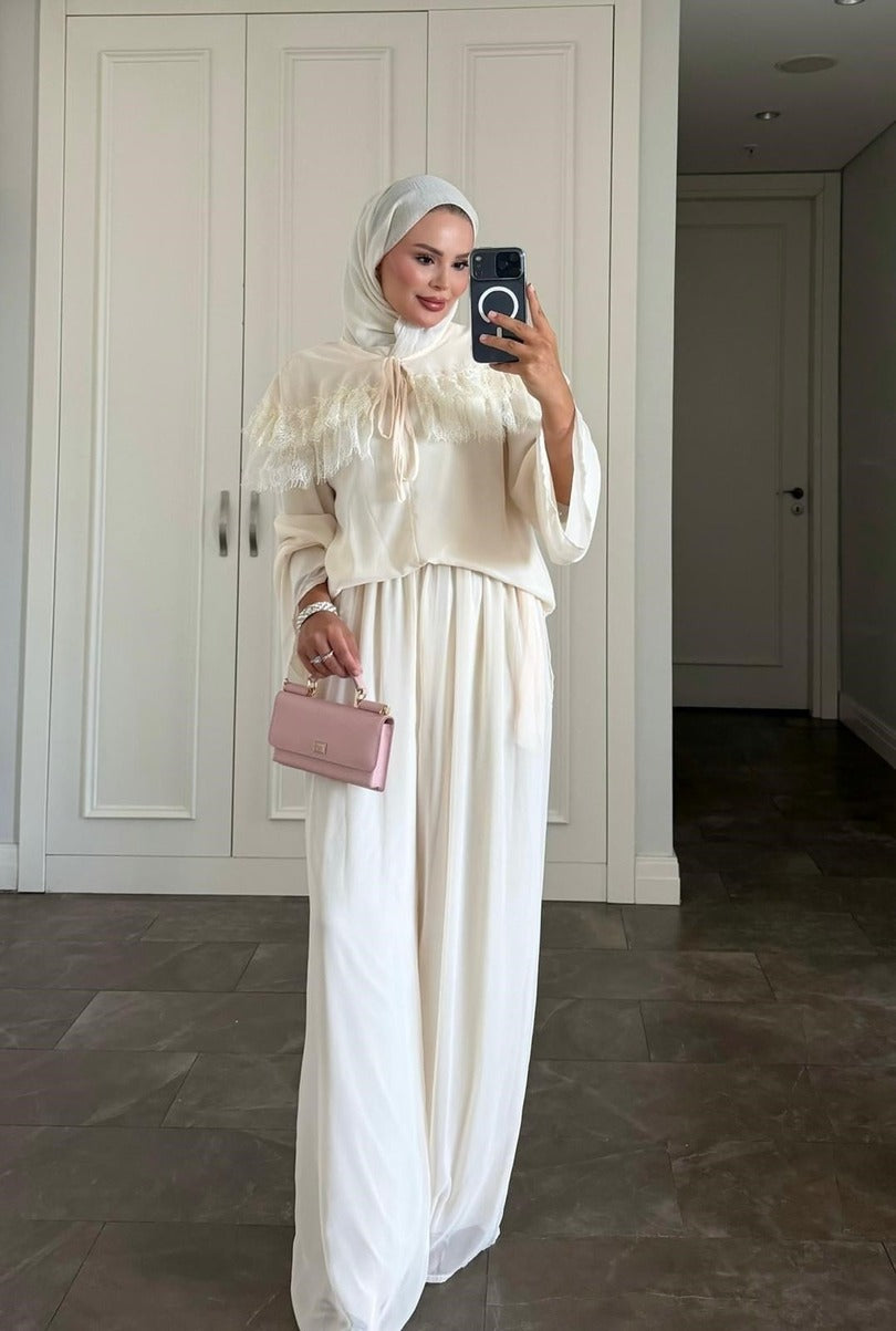 Ivana Cream Mütevazı Pantolon Takımı - Astarlı İki Parçalı Tunik ve Pantolon Kombini