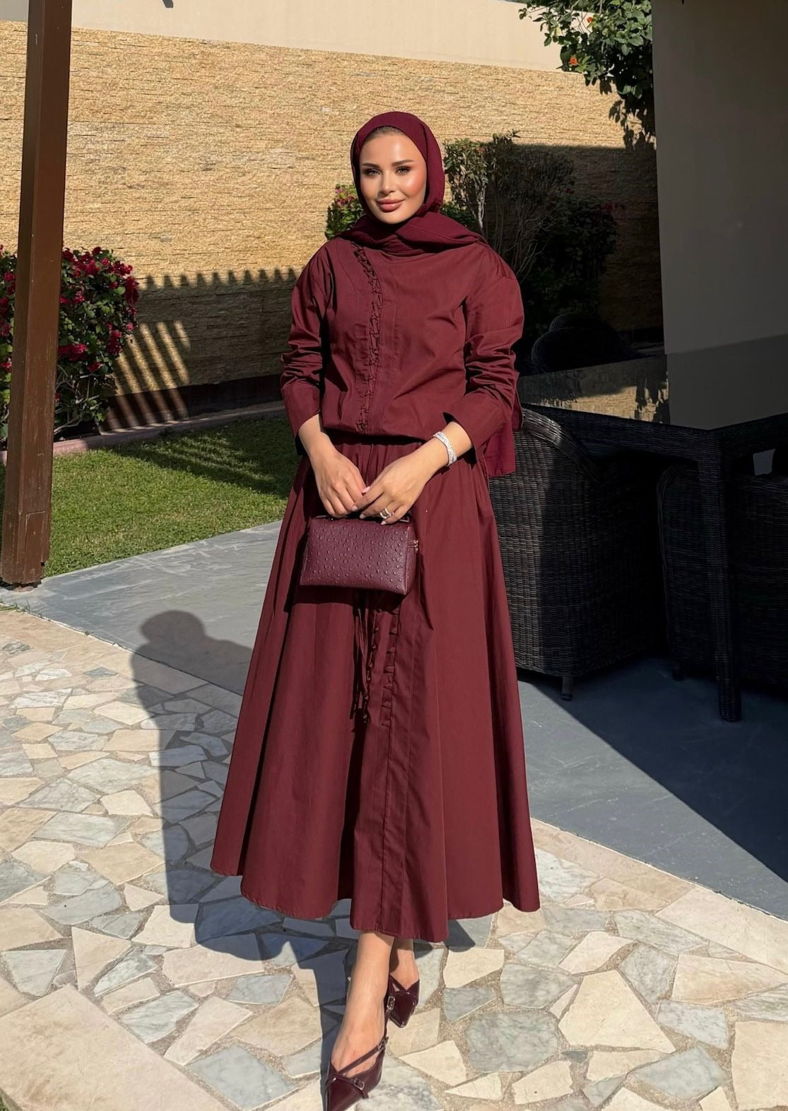 Ruffle Trim Button-Down Co-ord Set with Flared Maxi Skirt - Burgundy