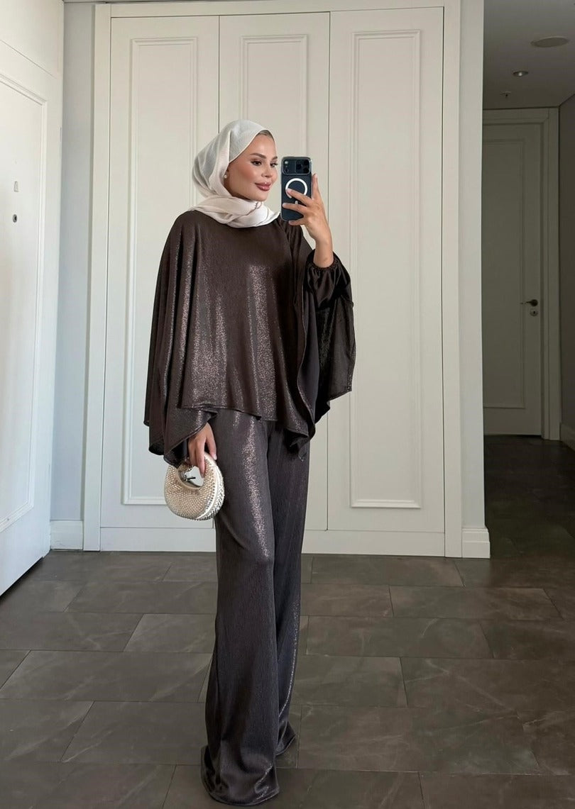 Diamond Brown Shimmer Asymmetric  Trousers Set |Brown