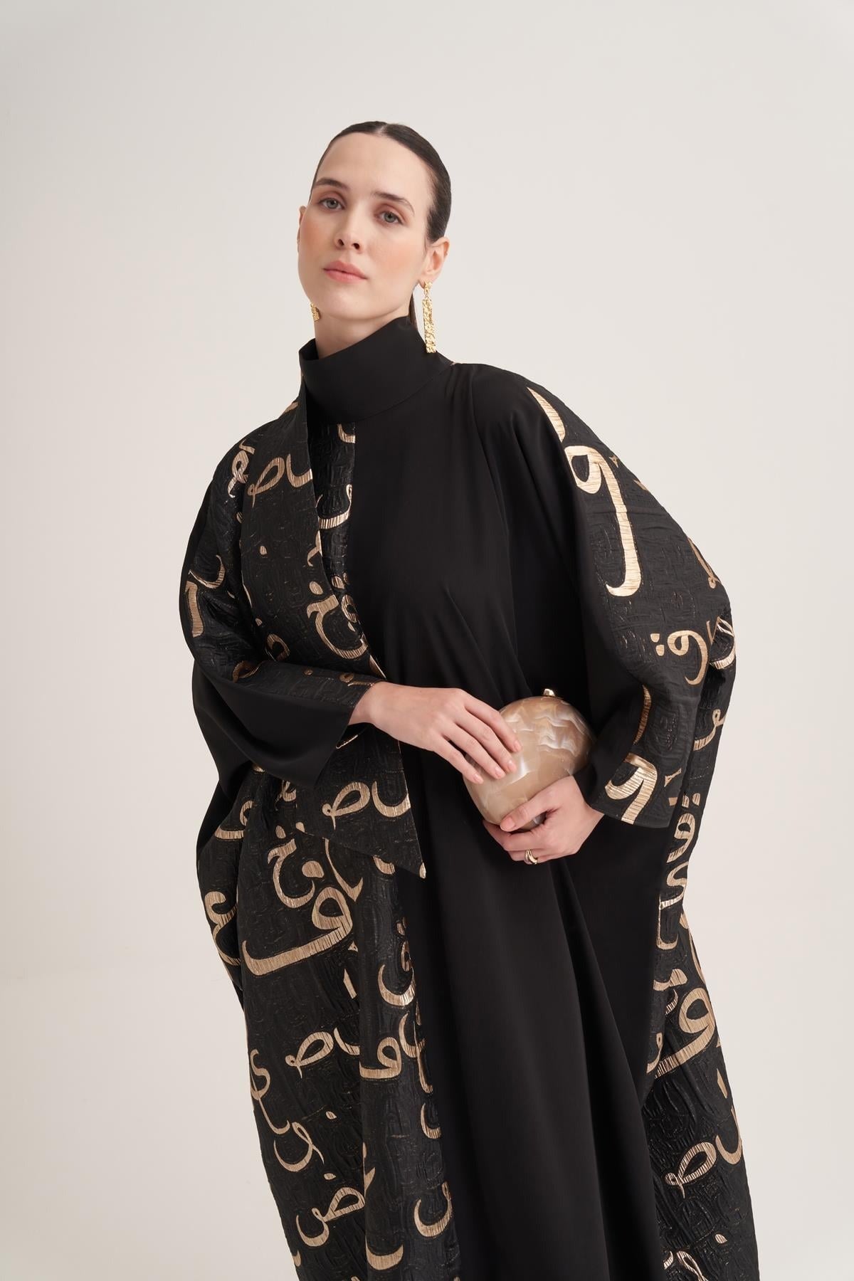 Black & Gold Arabic Calligraphy Kaftan with Batwing Sleeves