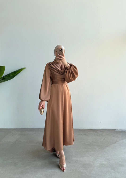 Silky Satin Cowl Neck Bronze Maxi Evening Dress