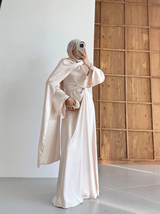 Brooch Detailed Silky Satin Beige Evening Dress