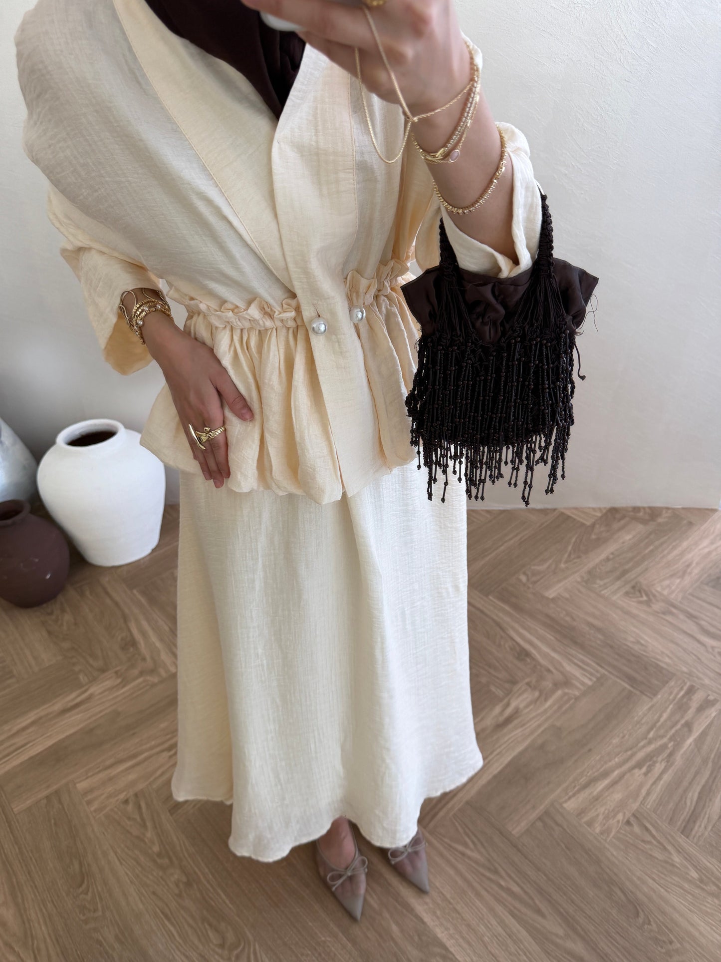 Cantaloupe Pearl-Button Vual Co-ord Set — Modest Blouse & Maxi Skirt