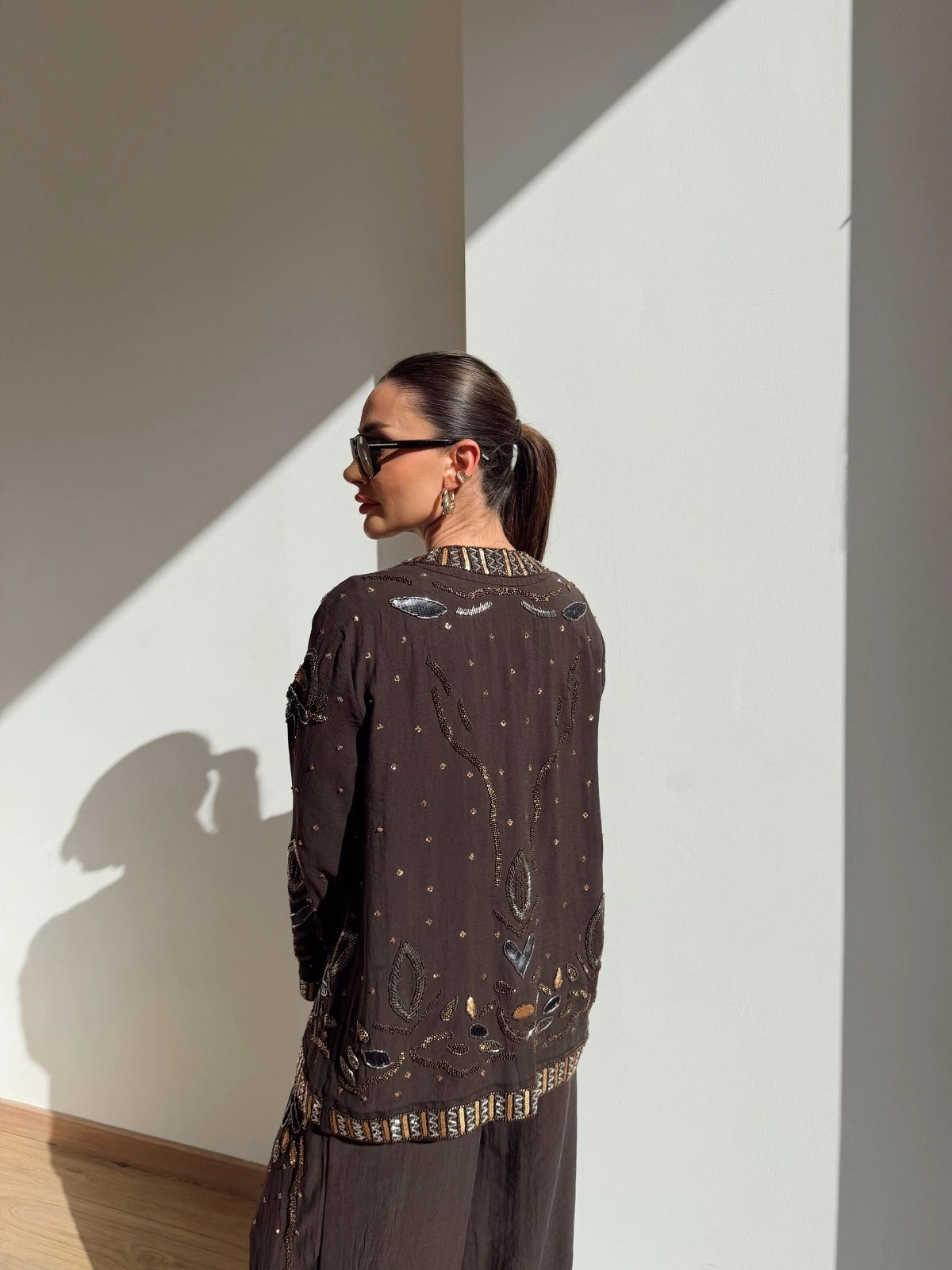 Limited Collection Embroidered Kimono & Pants Two-Piece Set – Brown