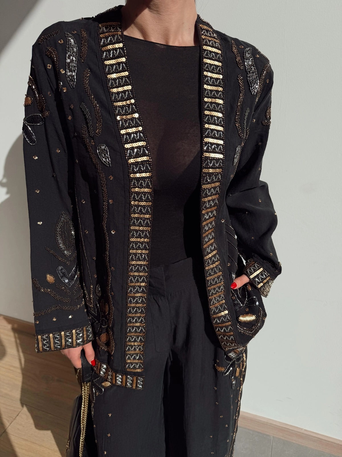 Limited Collection Embroidered Kimono & Pants Two-Piece Set – Black