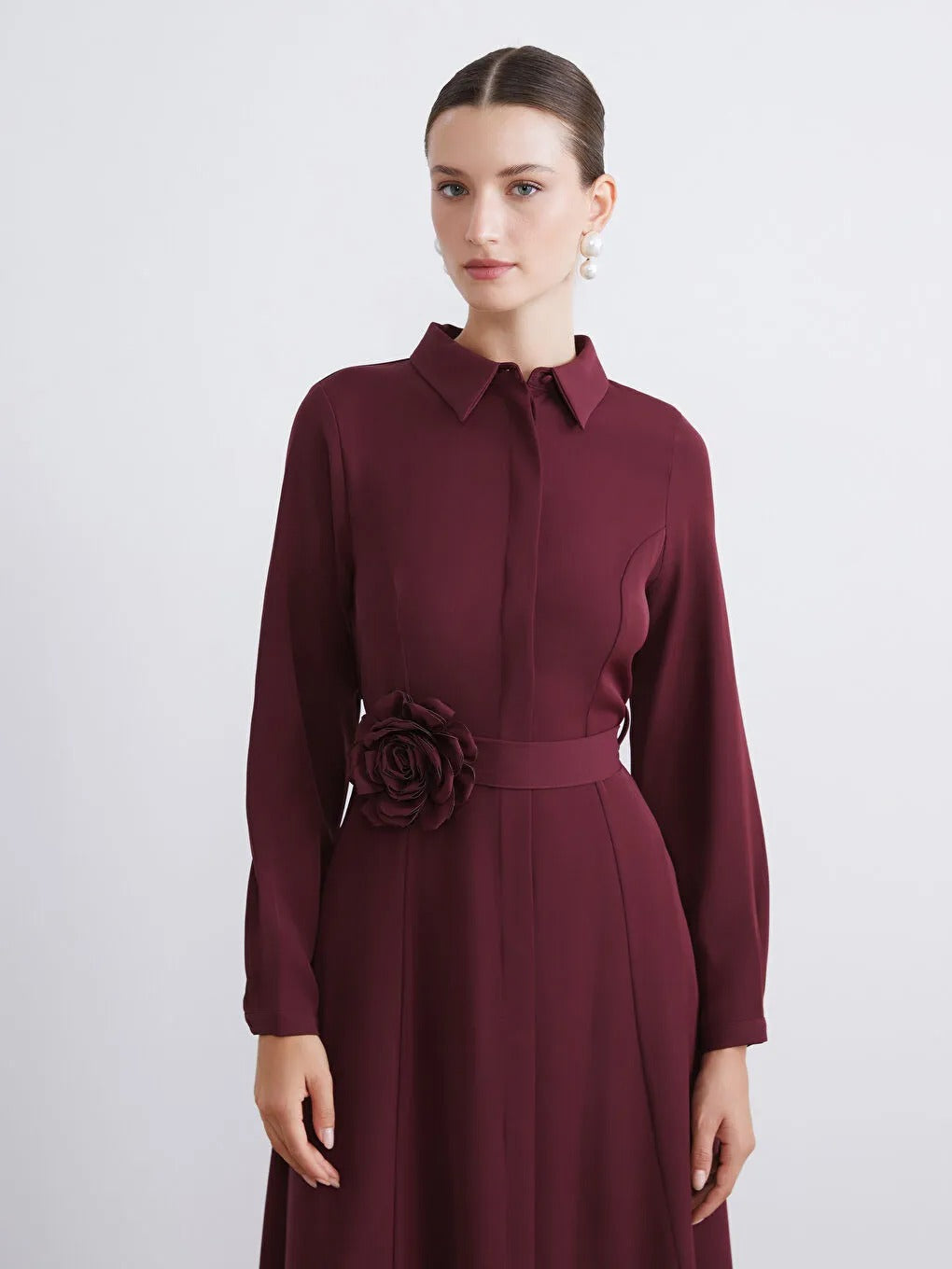 Limited Collection Burgundy Belted Crepe Shirt Dress