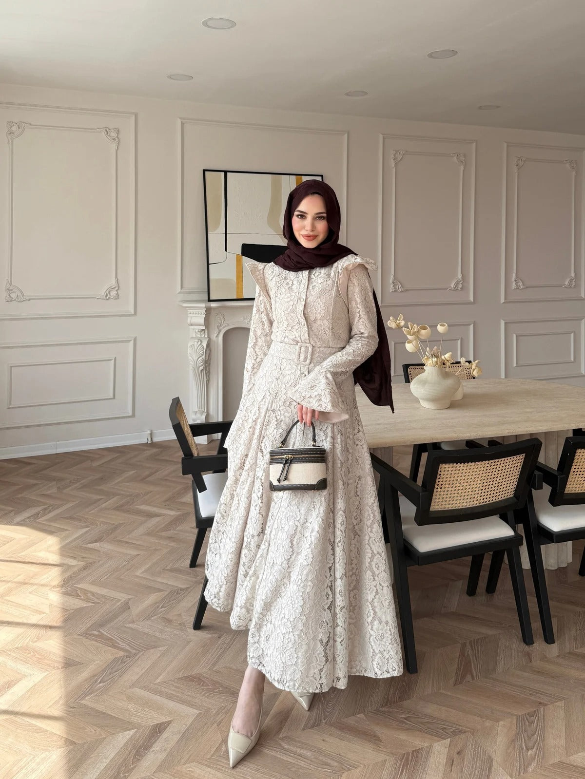 Lace Detailed Belted Maxi Dress - Beige