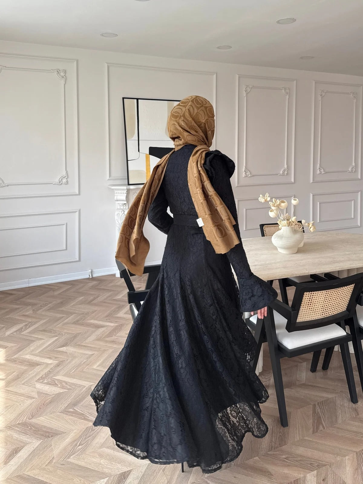 Lace Detailed Belted Maxi Dress - Black