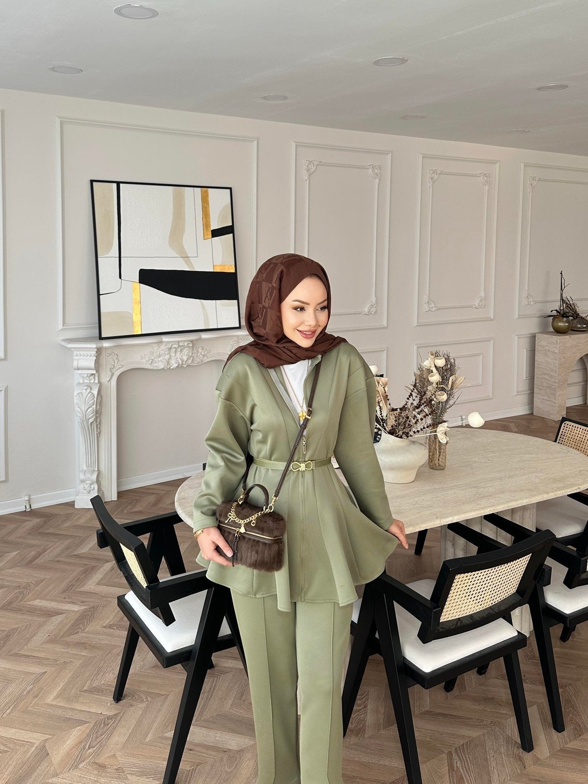 Premium Scuba Fabric Two-Piece Set -Khaki