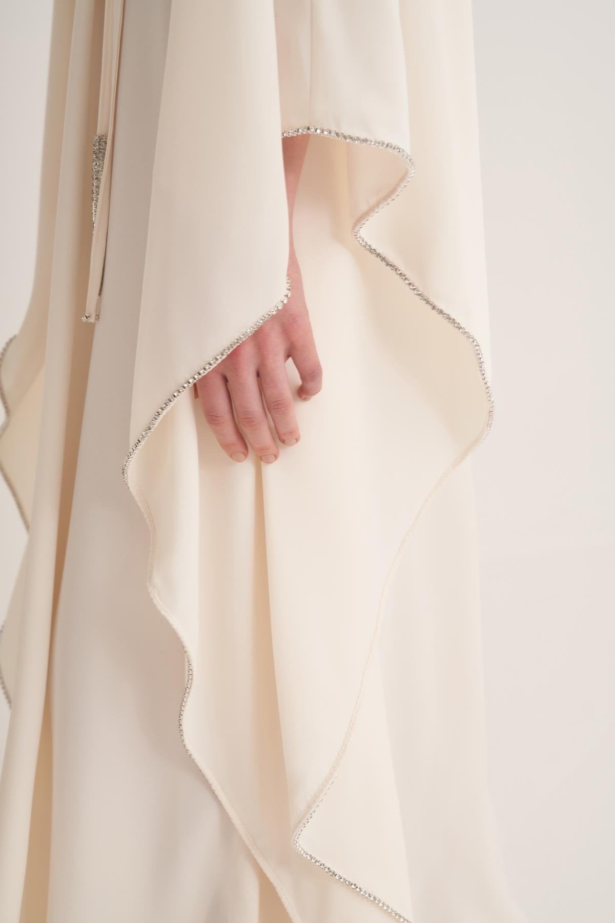 Cream Cape Sleeve Kaftan with Crystal Trim & Adjustable Belt