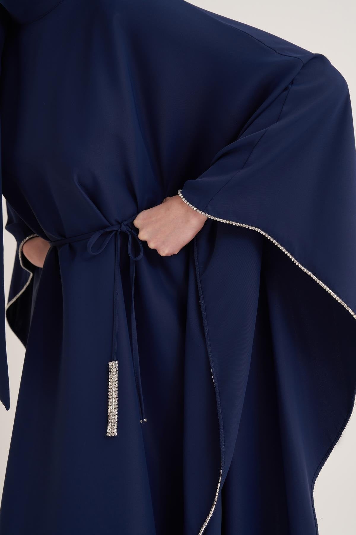 Navy Blue Cape Sleeve Kaftan with Crystal Trim & Adjustable Belt