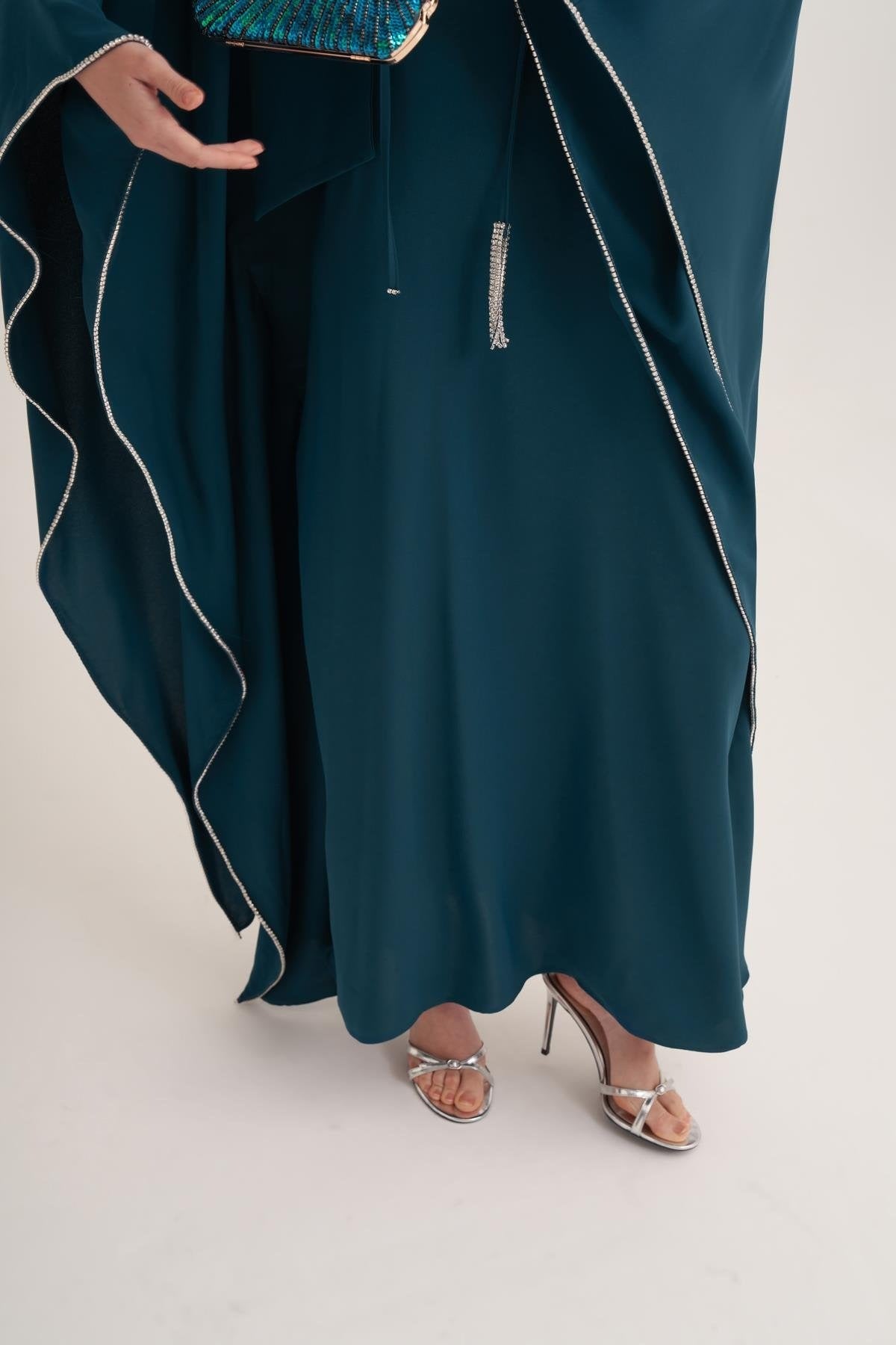 Patrol Blue Cape Sleeve Kaftan with Crystal Trim & Adjustable Belt