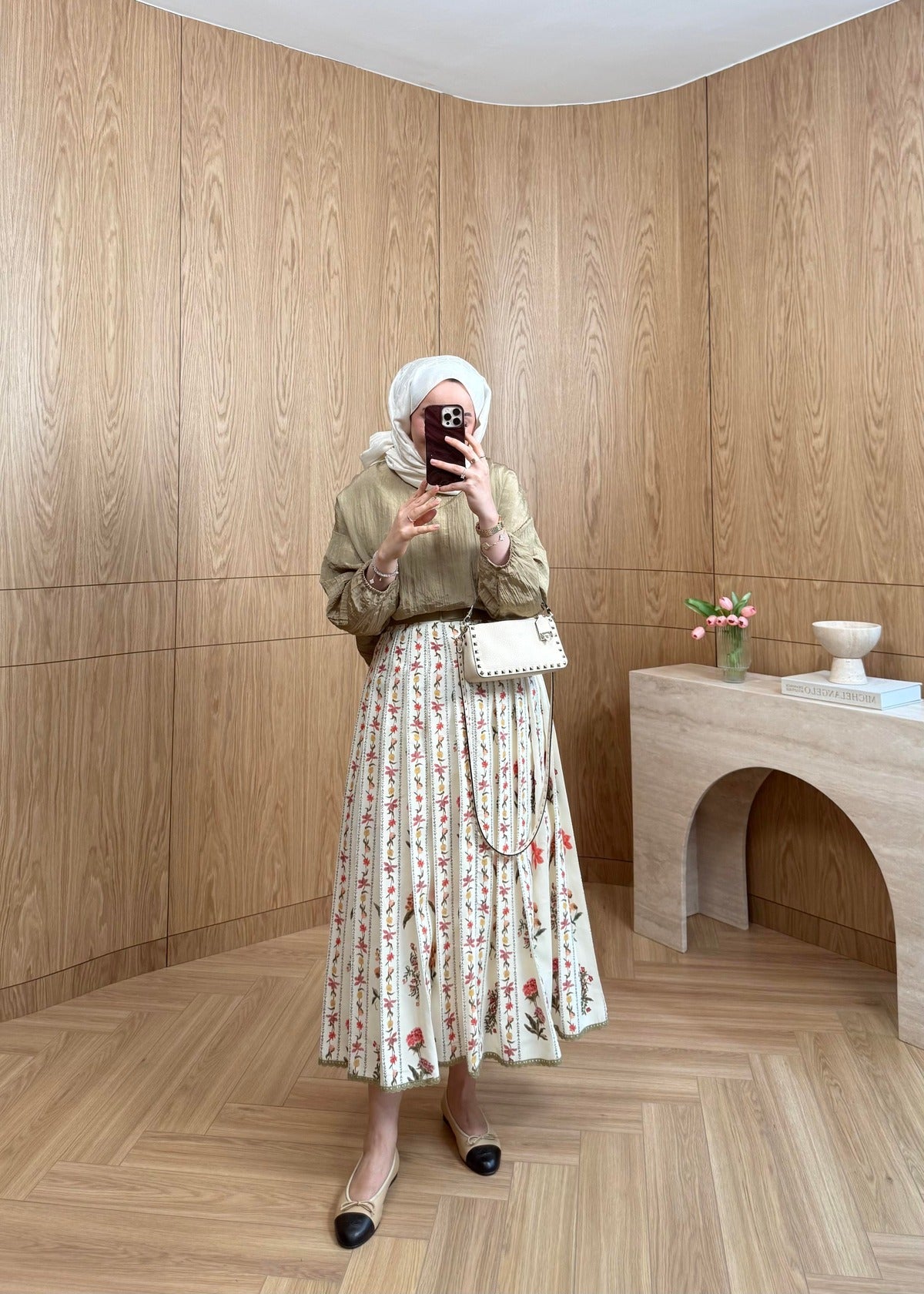 Lily Co-ord Set — Beige Textured Blouse & Floral Pleated Midi Skirt