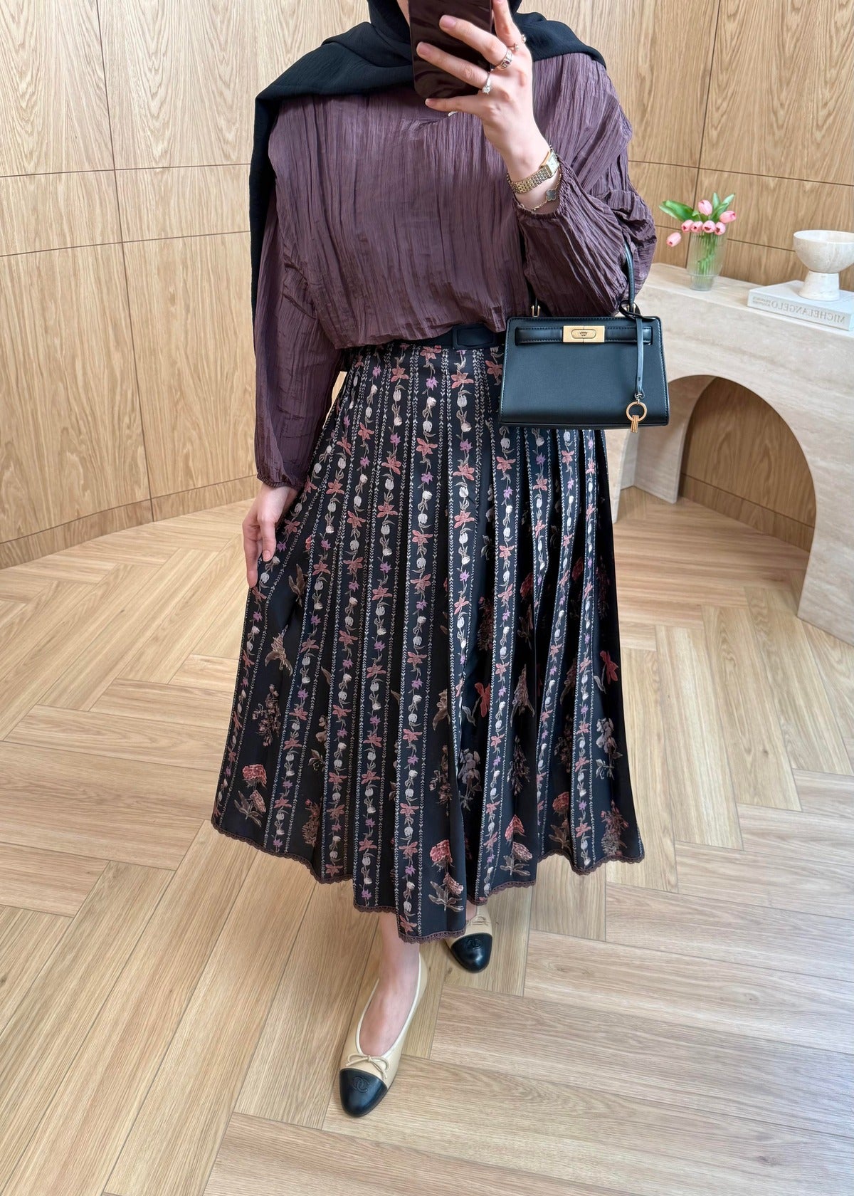 Lily Co-ord Set — Black Textured Blouse & Floral Pleated Midi Skirt