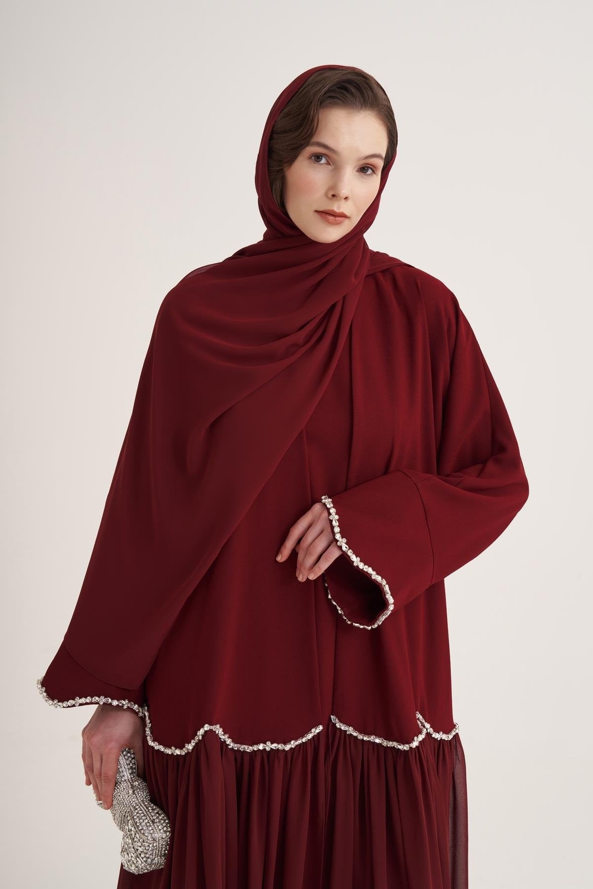 Lina Crystal Embellished Abaya with Matching Scarf - Burgundy