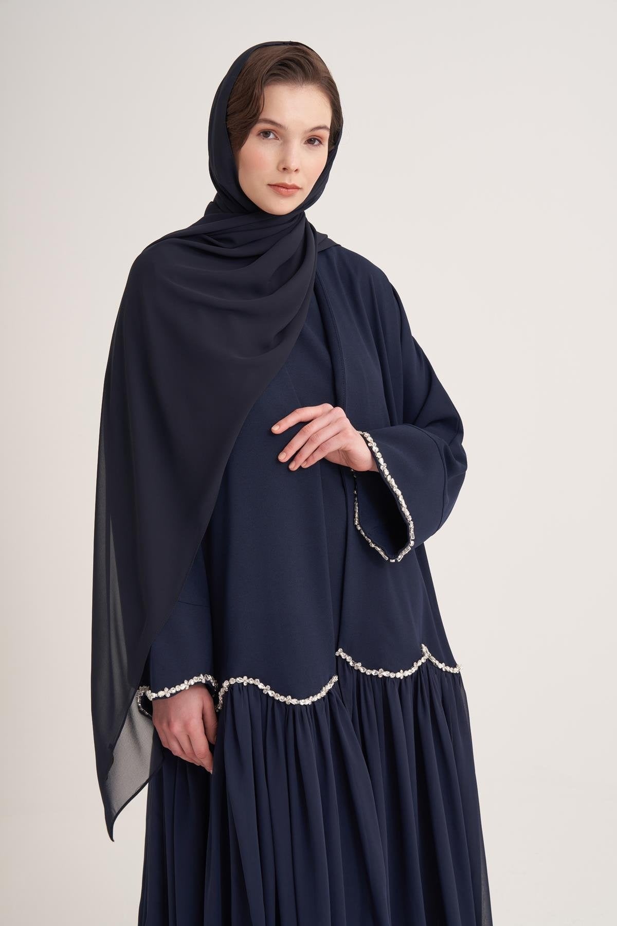 Lina Crystal Embellished Abaya with Matching Scarf - Navy Blue