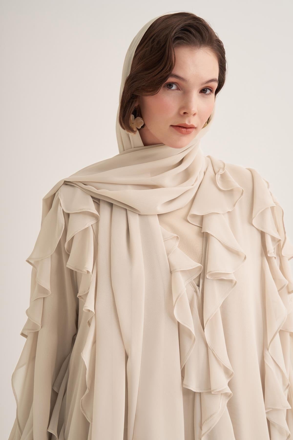 Chiffon Ruffle Open Abaya with Matching Scarf in Beige