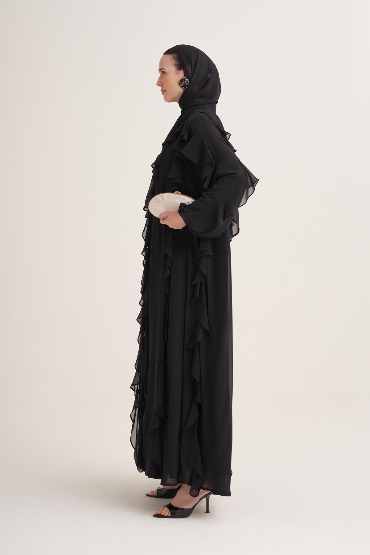 Chiffon Ruffle Open Abaya with Matching Scarf in Black